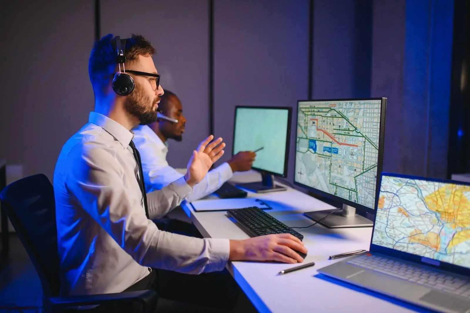 Two men wearing headsets sit at desks with multiple monitors displaying maps and data, working in a control center. They discuss logistics, efficiently managing routes using advanced Transportation Dispatch Software.
