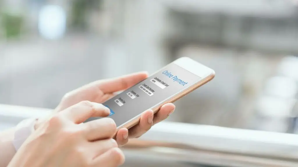 A person holds a smartphone and uses their finger to make an online payment with PerGO NEMT Software, as seen on the phone&rsquo;s screen. The background is blurred, keeping focus on the mobile device and the payment interface.