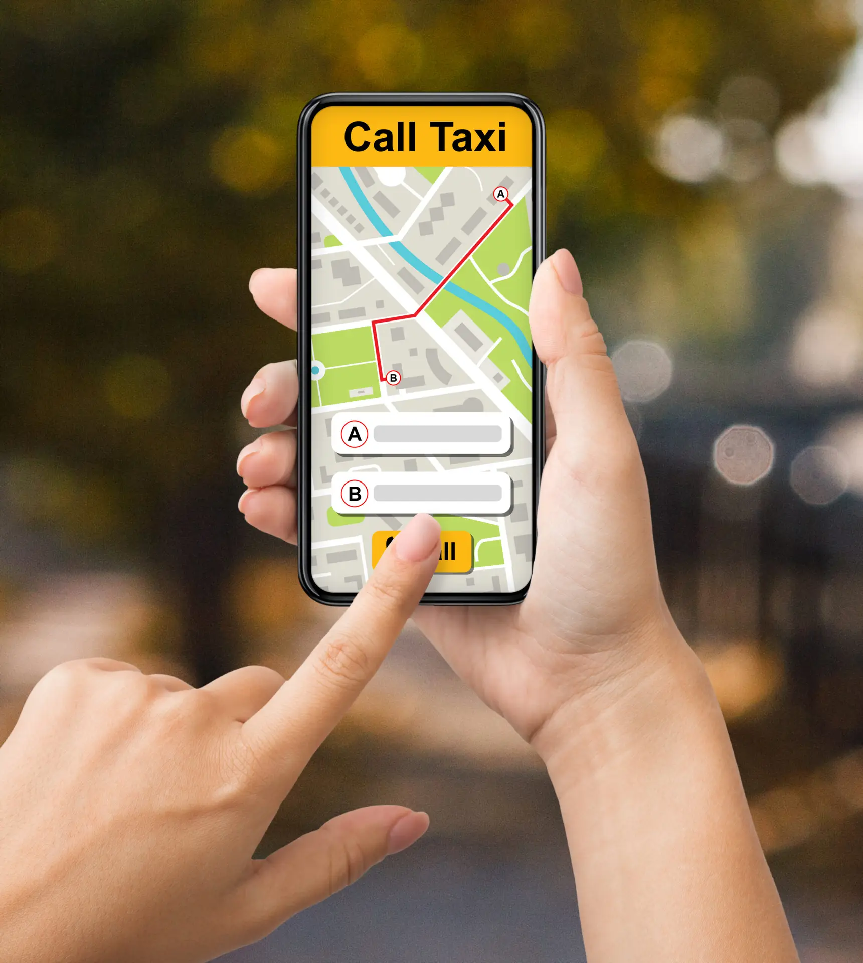 A person uses a smartphone with PerGo Transportation Management Software&rsquo;s Call Taxi app open, showing a map with a route from point A to point B and a finger pressing the Call button on the screen.